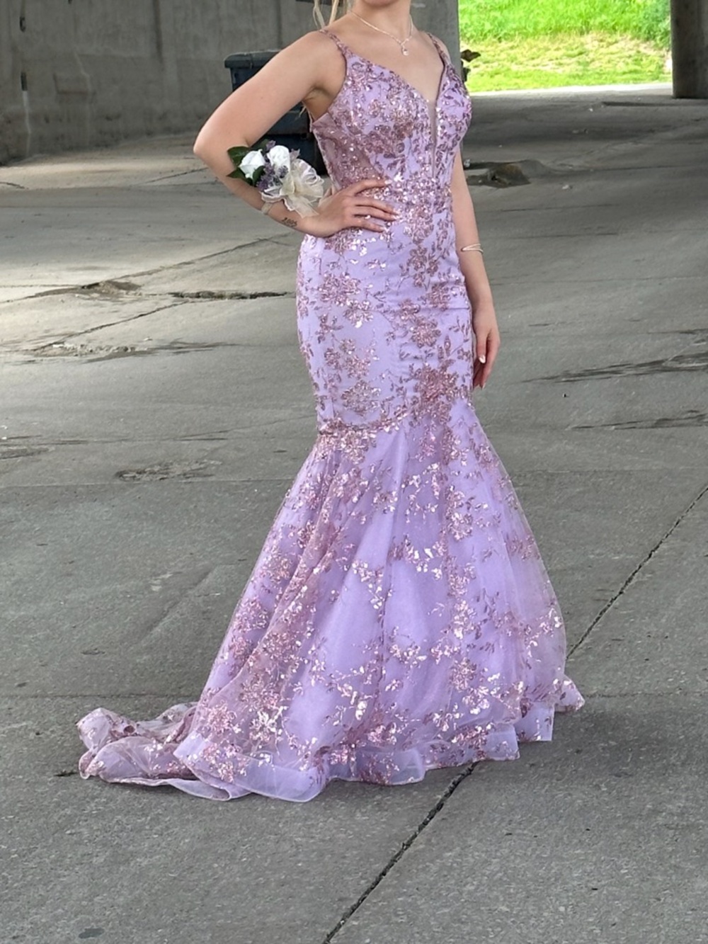 Lavender Sequin Mermaid Prom Dress with Floral Embellishment - Unbranded